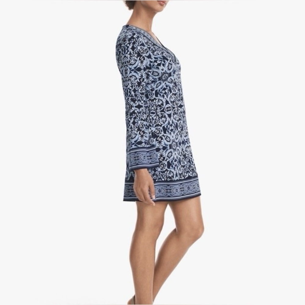 White House Black Market Navy Shift Dress Embroidered Neckline Medium NWOT